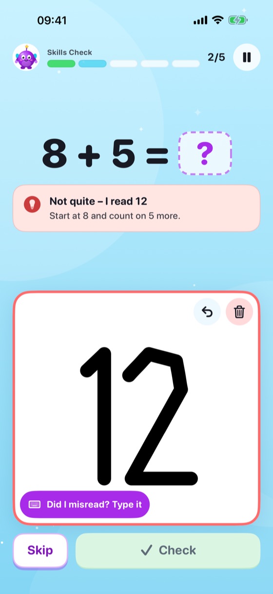 A question reading 8 + 5, with a message saying “Not quite — I read 12. Start at 8 and count on 5 more.” and a button offering “Did I misread? Type it”.