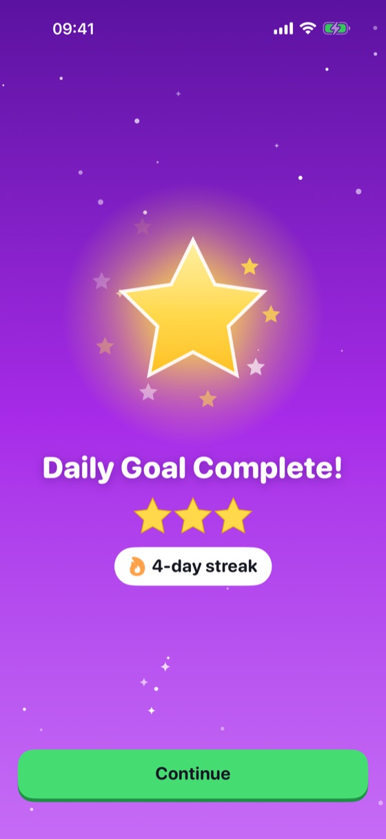 A celebration screen reading “Daily Goal Complete!” with three gold stars and a four-day streak badge.