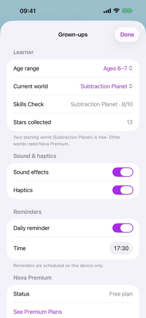 The Grown-ups screen showing the age range, current world, Skills Check result and stars collected, with toggles for sound, haptics and a daily reminder.